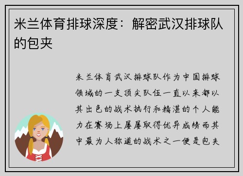 米兰体育排球深度：解密武汉排球队的包夹